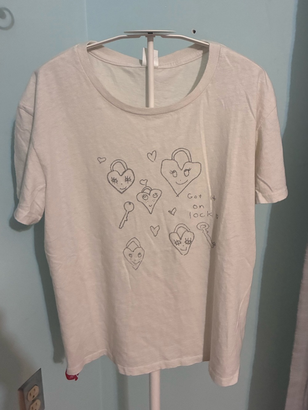 Re/Done White Short Sleeve Doodle Heart & Lock Tee